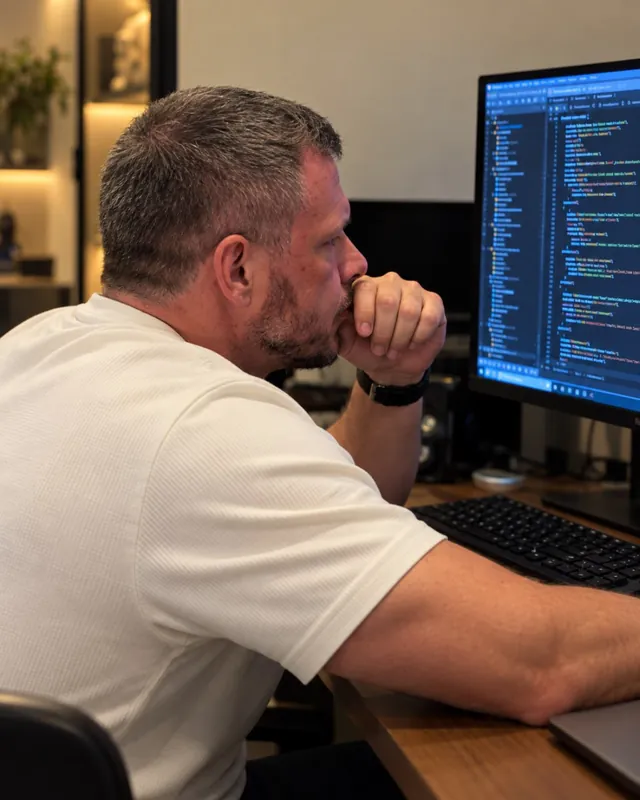 Ben Parker at his desk, chin on his hand, reading code on a large monitor