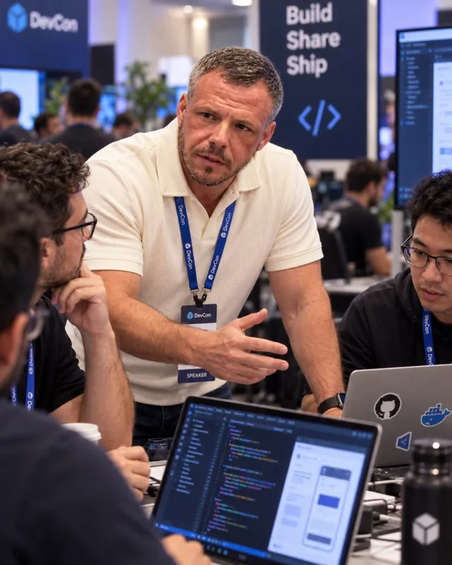 Ben Parker with a DevCon speaker badge leaning over an engineer’s laptop on the conference floor