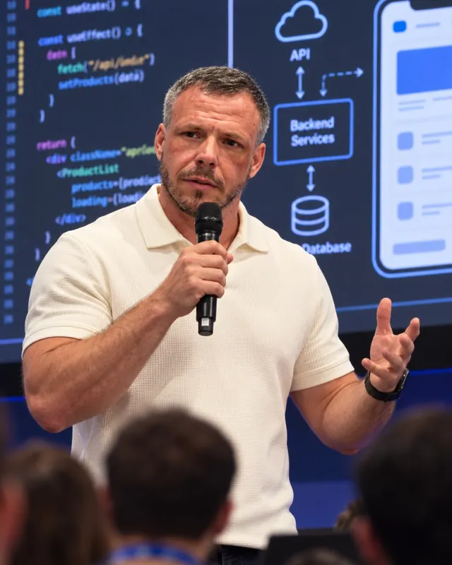 Ben Parker answering questions with a microphone at DevCon, code and a system diagram on the screen behind him