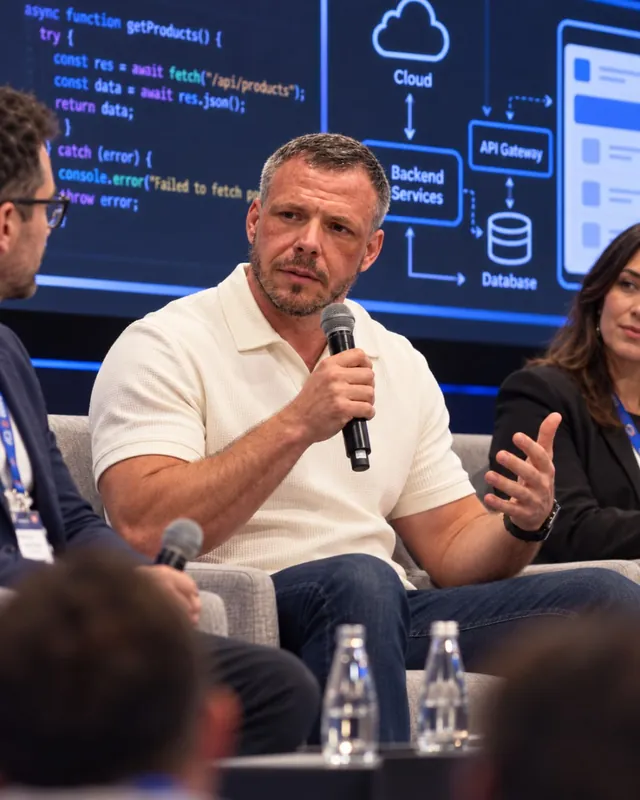 Ben Parker speaking into a microphone on a DevCon panel, seated between two other panelists