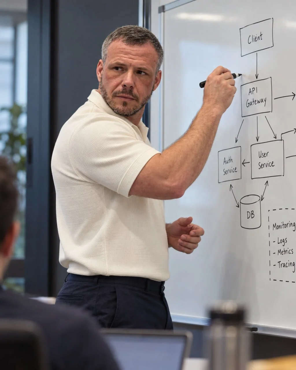 Ben Parker drawing a system architecture on a whiteboard: client, API gateway, auth and user services, a database and monitoring